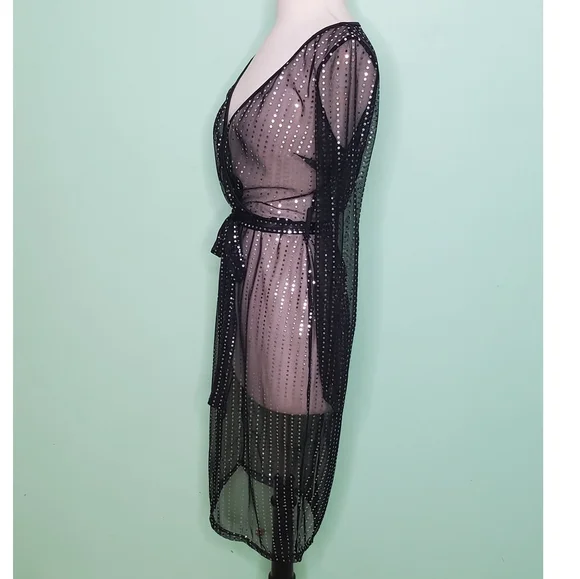 Sheer Black and Silver Metallic Faux Wrap Dress - Picture 6 of 10